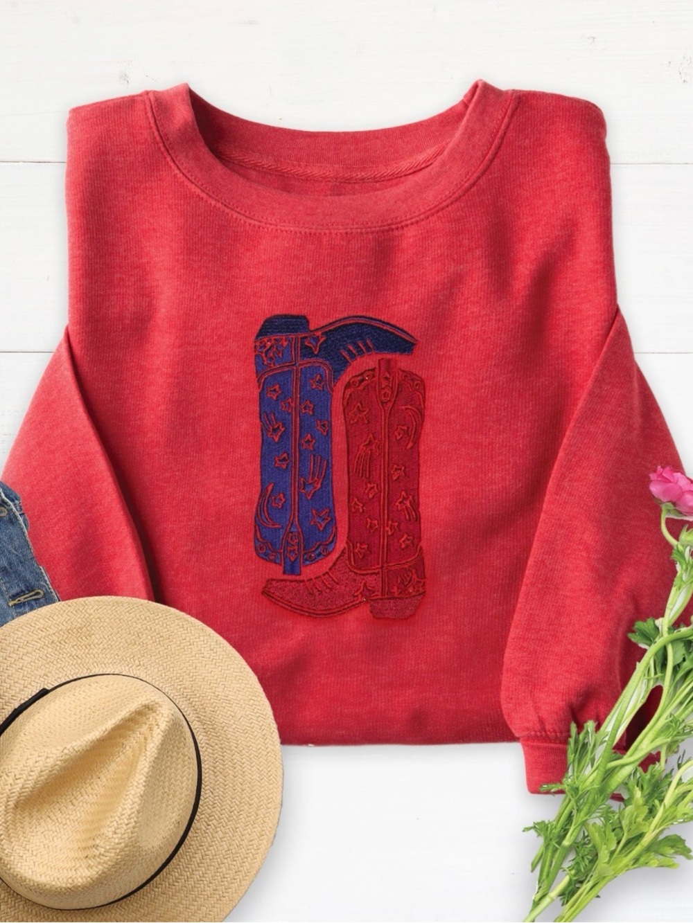 NWT Love in Faith Sweatshirt Embroidered Cowboy Boot Red Blue Sweater